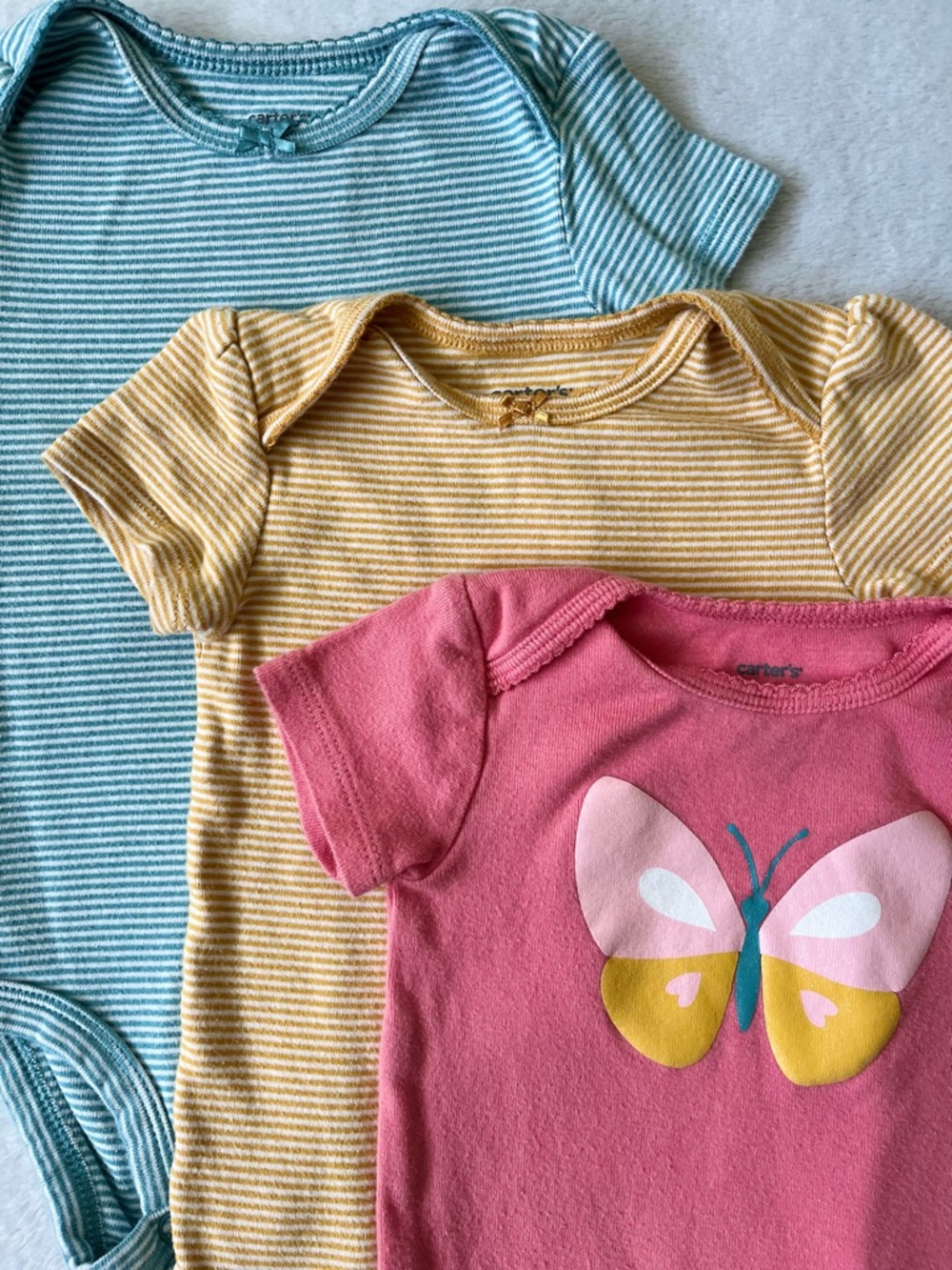 Carter's 3 Piece Onesie Set- Blue Stripes, Yellow Stripes and Pink Butterfly